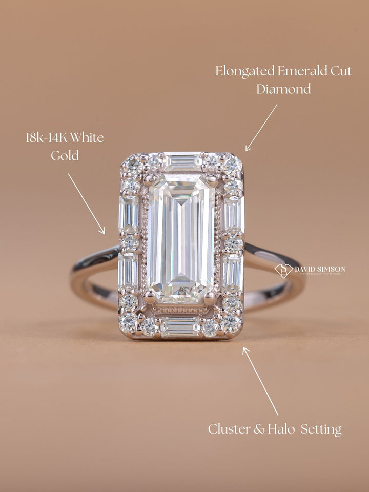 1.60CT Elongated Emerald Cut Moissanite Halo Cluster Diamond Engagement Ring