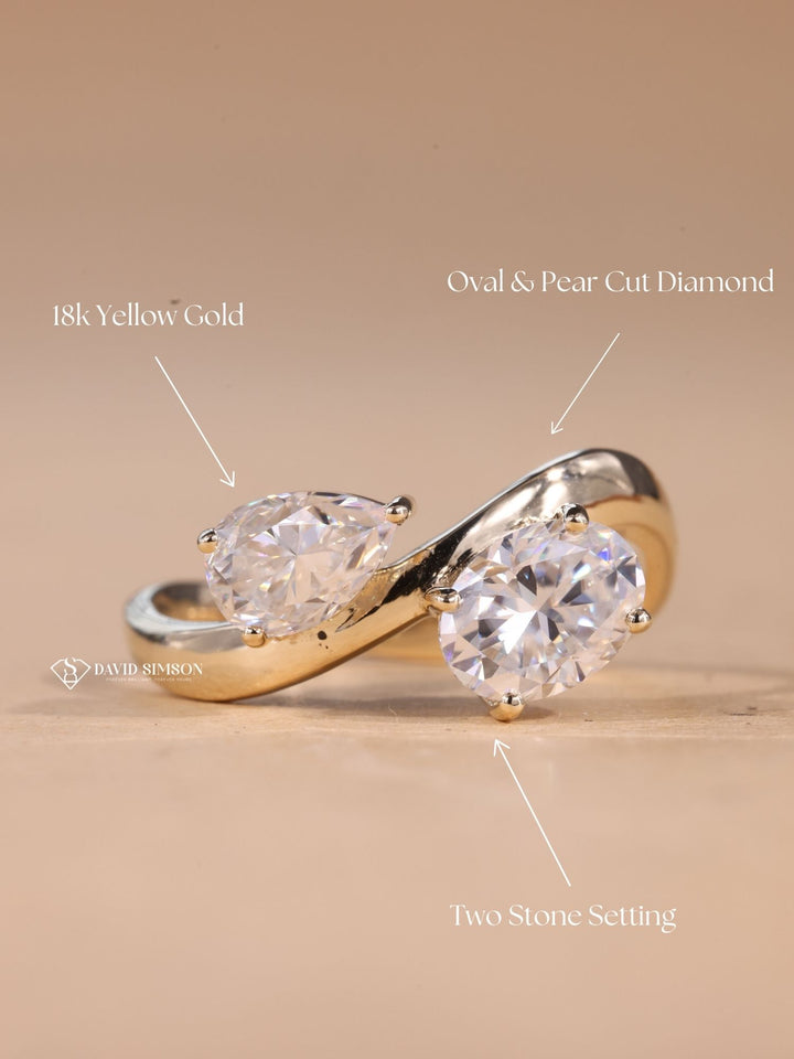 1.0CT Pear & 1.0CT Oval Cut Moissanite Toi et Moi Diamond Engagement Ring