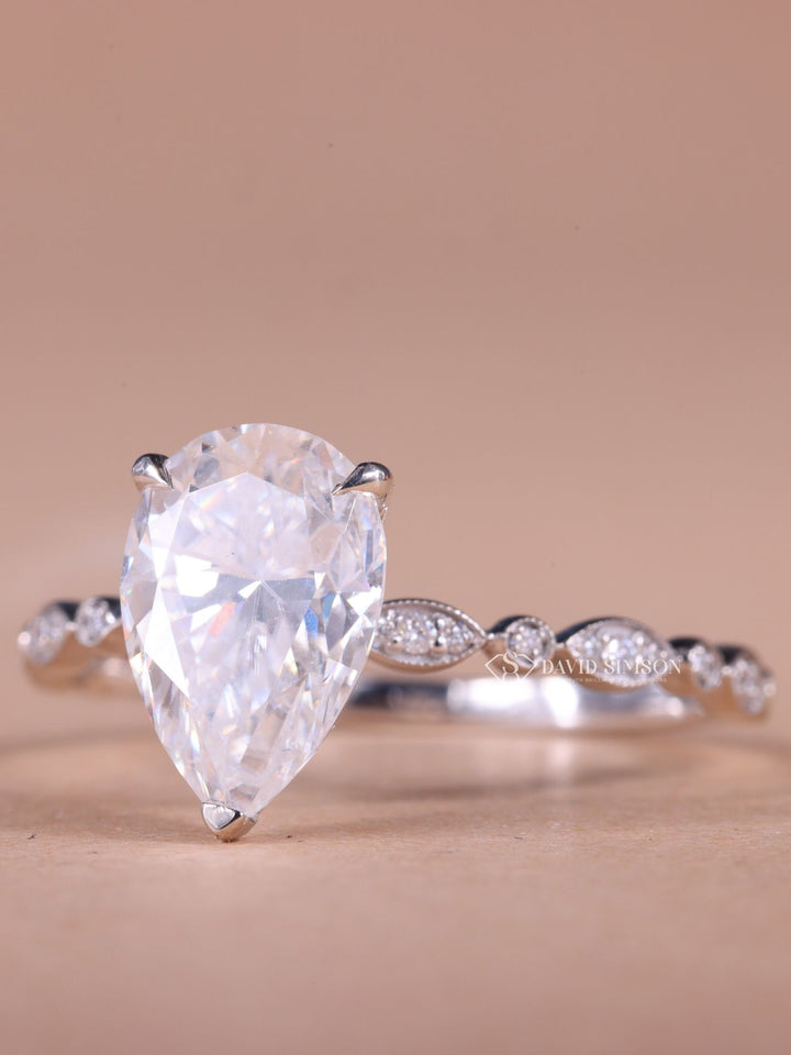 2.0CT-3.0CT Pear Cut Moissanite Vintage Pave Diamond Engagement Ring