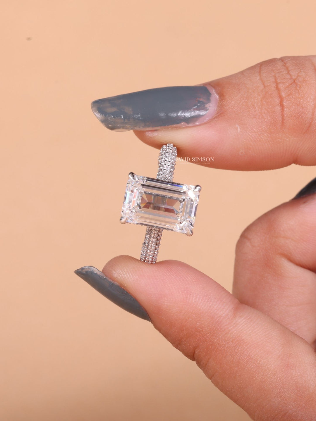 4.0CT-6.0CT Emerald Cut Moissanite Hidden Halo Diamond Pave Engagement Ring