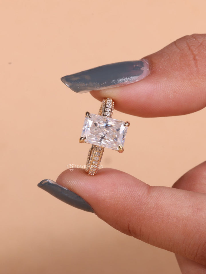 3.0CT-4.0CT Radiant Cut Moissanite Diamond Micro Pave Engagement Ring