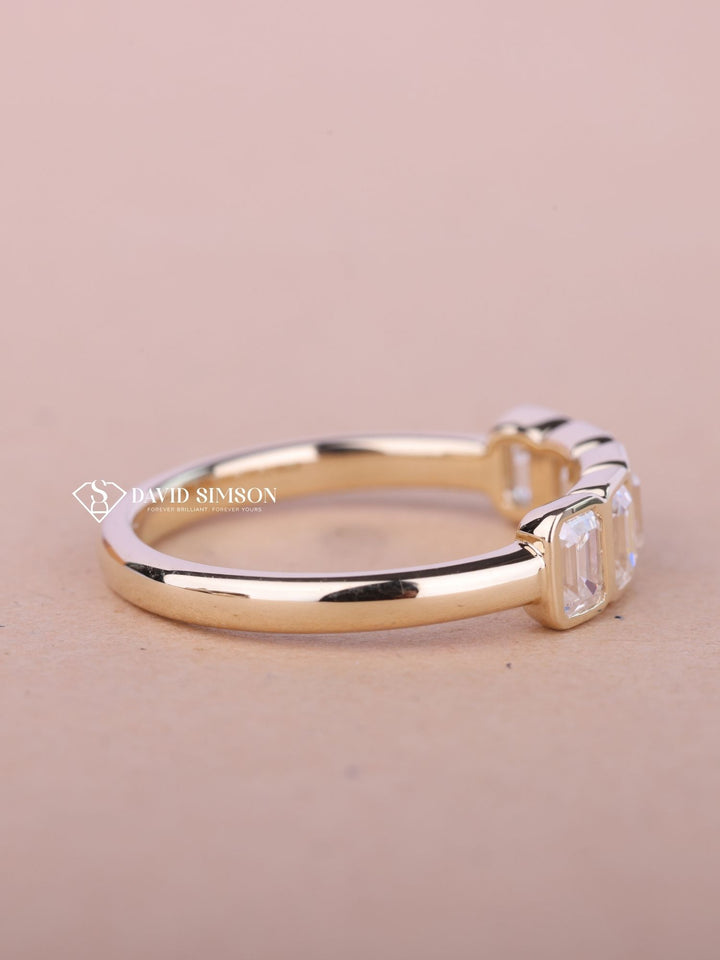 Bezel Set Emerald Cut Moissanite Diamond Five Stone Wedding Band