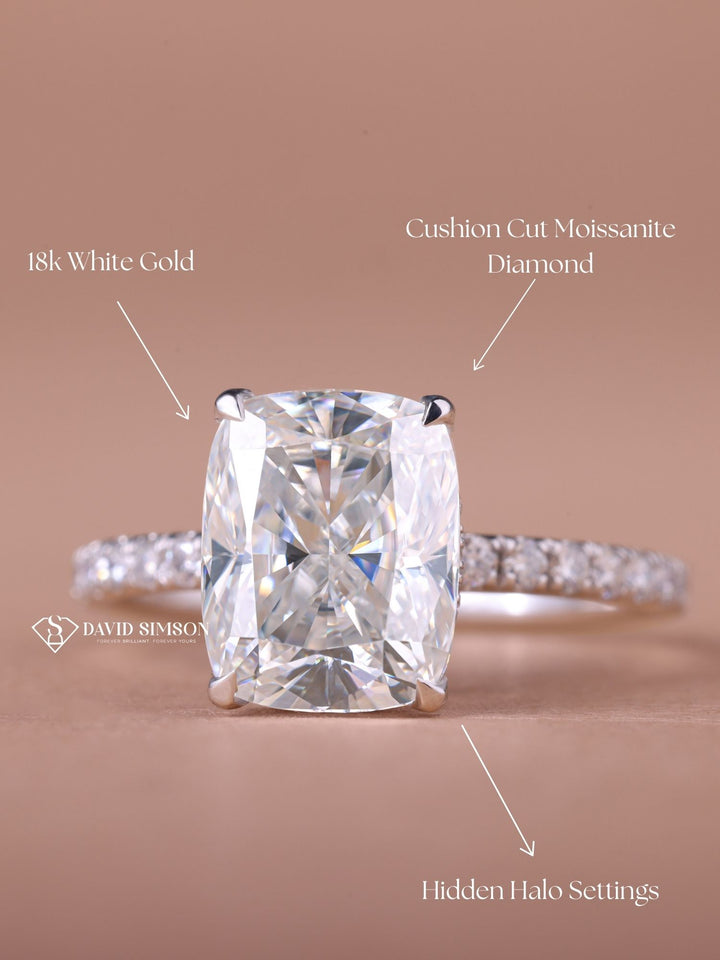 3.0CT-4.0CT Cushion Cut Moissanite Diamond Hidden Halo Engagement Ring