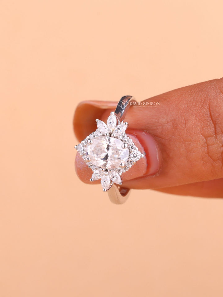 2.0CT-3.0CT Oval Cut Moissanite Diamond Cluster Engagement Ring
