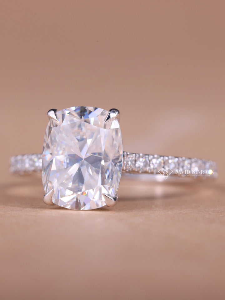 2.50CT-3.50CT Cushion Cut Moissanite Hidden Halo & Pave Diamond Engagement Ring