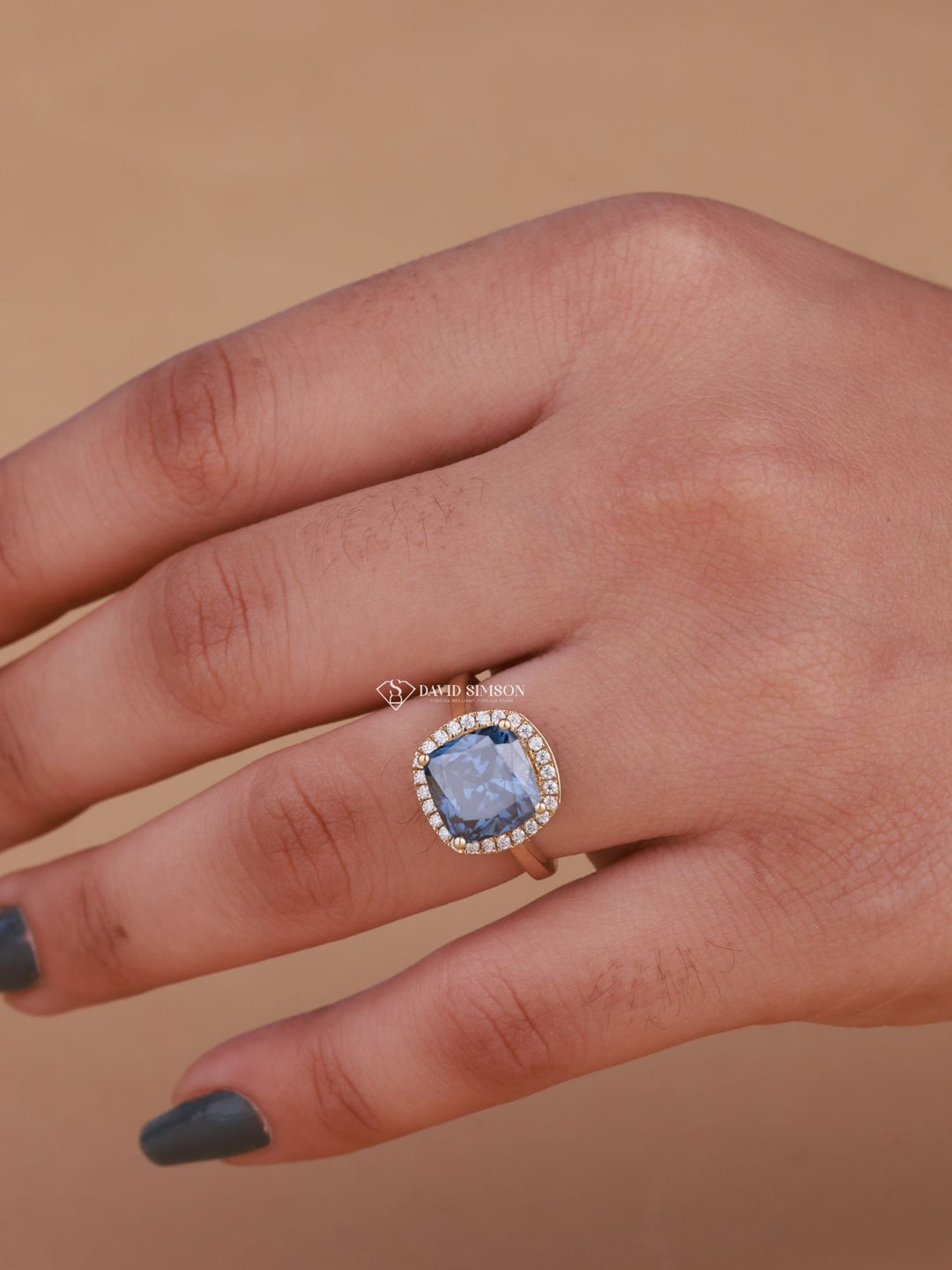 2.0CT-3.0CT Blue Cushion Cut Moissanite Diamond Halo Engagement Ring