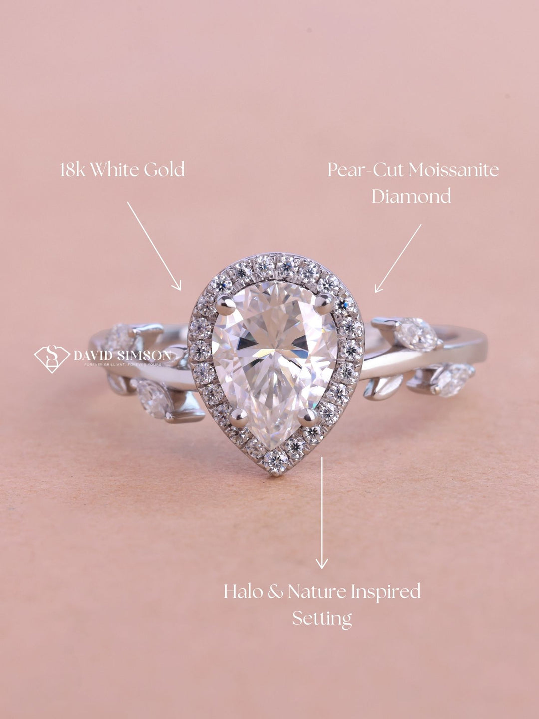 1.0CT-2.0CT Pear Cut Halo Moissanite Diamond Nature Inspired Engagement Ring