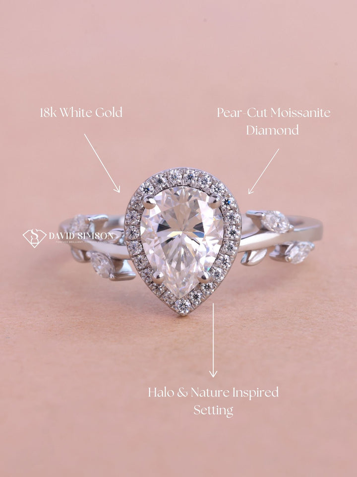1.0CT-2.0CT Pear Cut Halo Moissanite Diamond Nature Inspired Engagement Ring