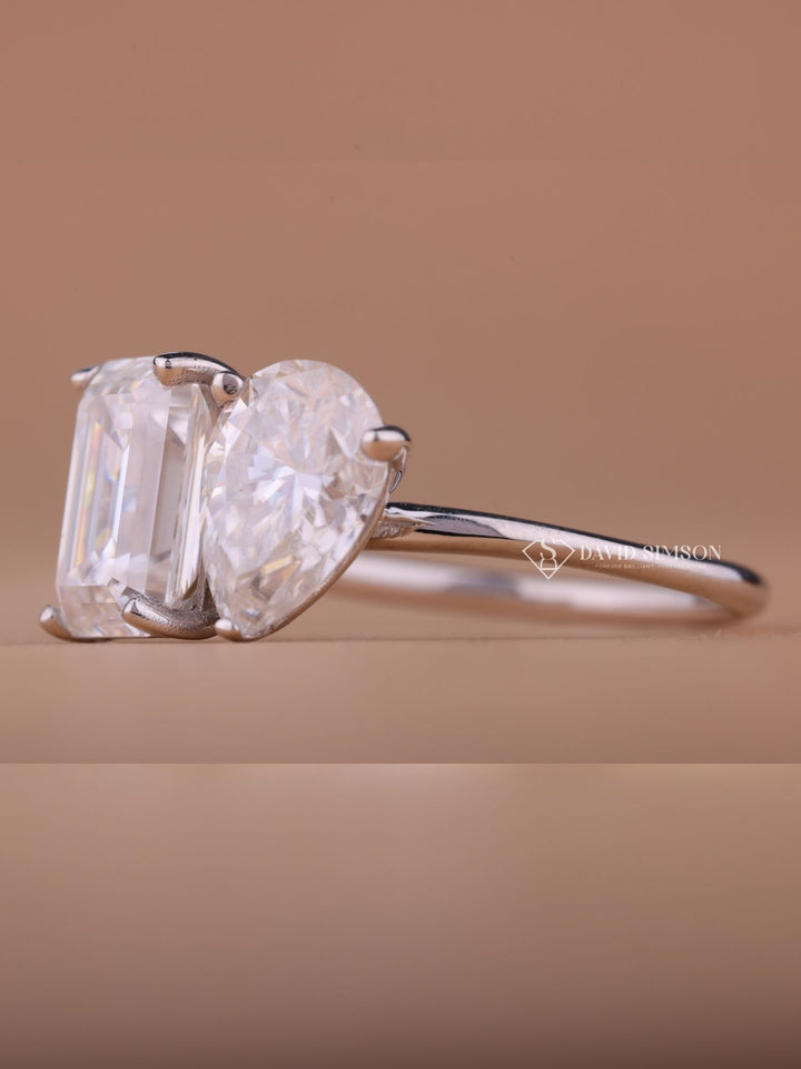 1.50CT Emerald & 1.0CT Pear Cut Moissanite Two Stone Diamond Engagement Ring