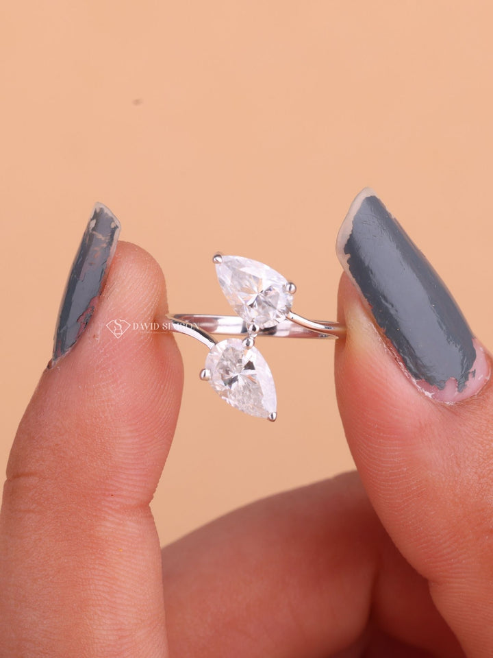 Pear Cut Moissanite Diamond Toi et Moi Open Engagement Ring for Her