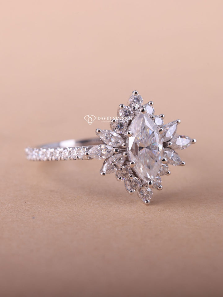 1.0CT-2.0CT Marquise Cut Moissanite Halo Cluster Engagement Ring