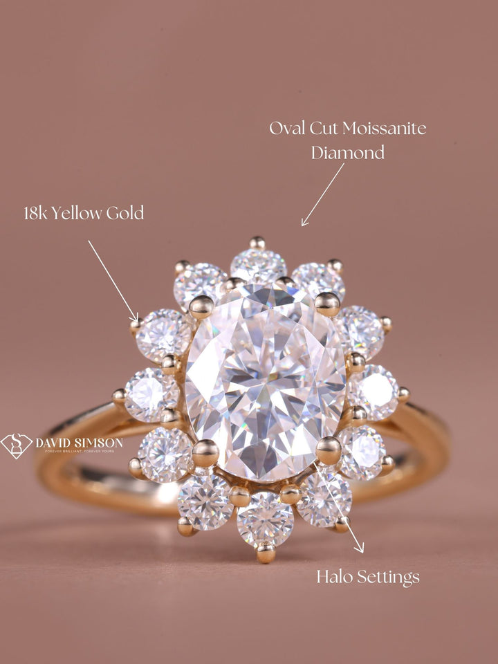 2.0CT-3.0CT Oval Cut Moissanite Floral Halo Diamond Engagement Ring