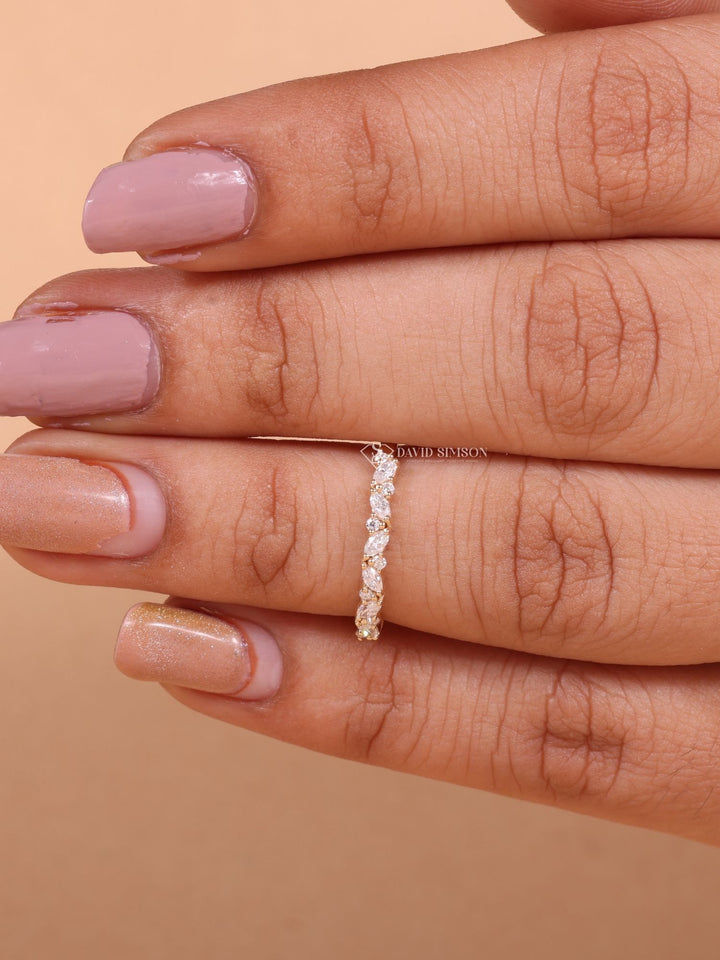 Round & Marquise Cut Moissanite Diamond Half Eternity Wedding Band