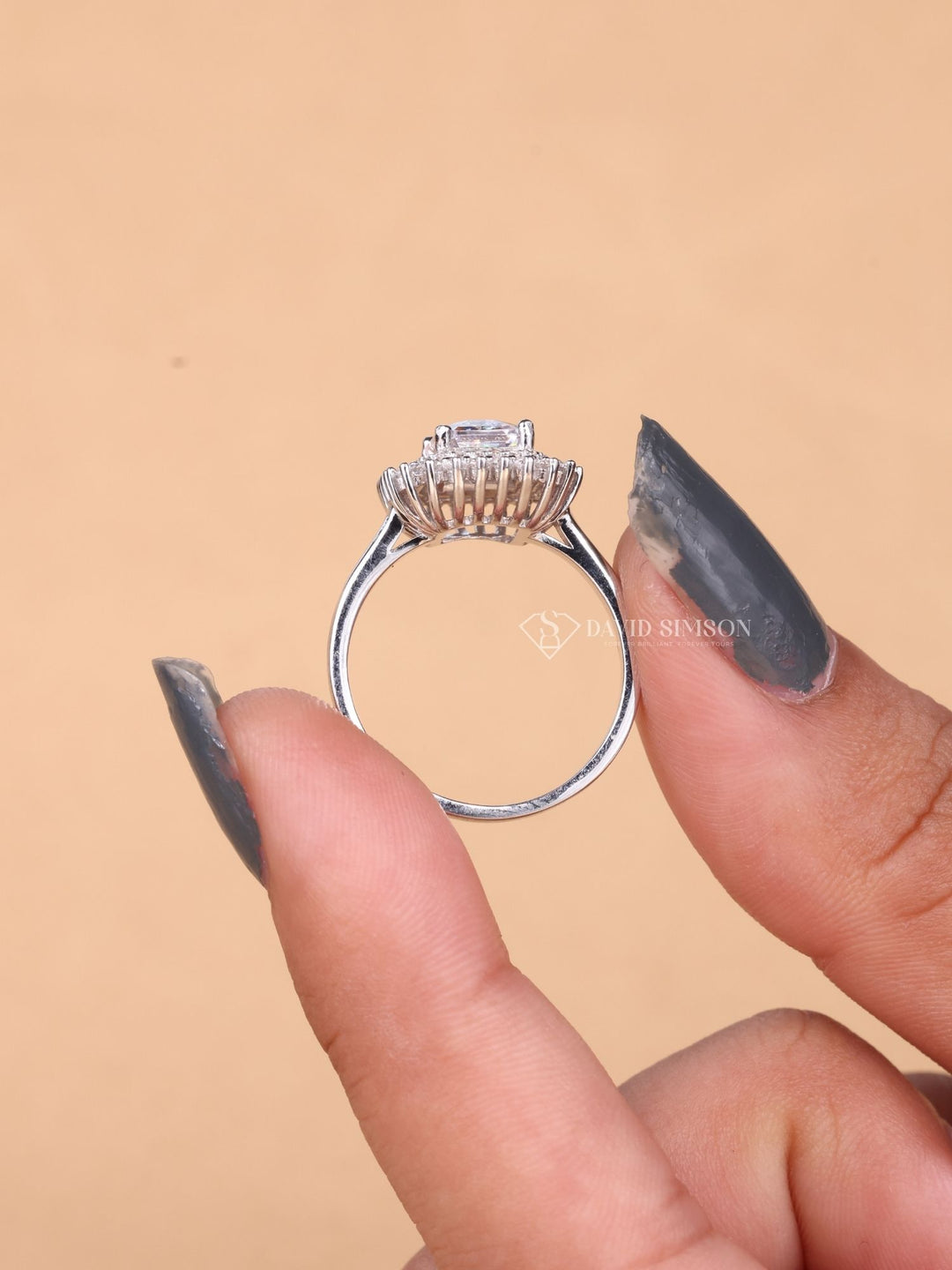 1.0CT-2.0CT Emerald Cut Moissanite Double Halo Diamond Engagement Ring