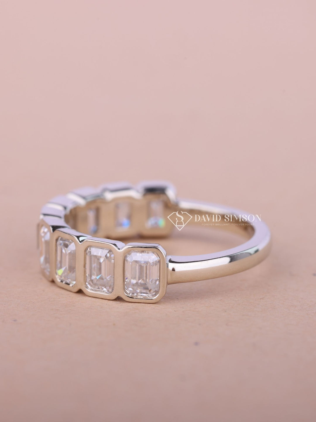 Emerald Cut Moissanite Bezel Set Diamond Wedding Band