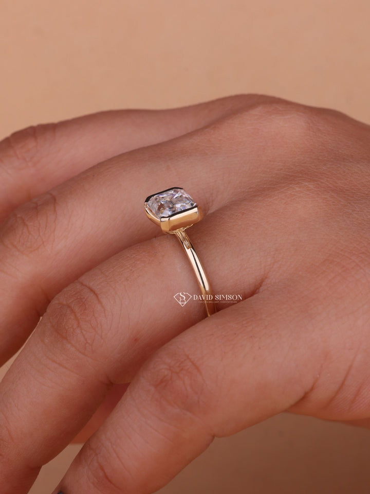 2.0CT-3.0CT East West Emerald Cut Moissanite Diamond Half Bezel Engagement Ring