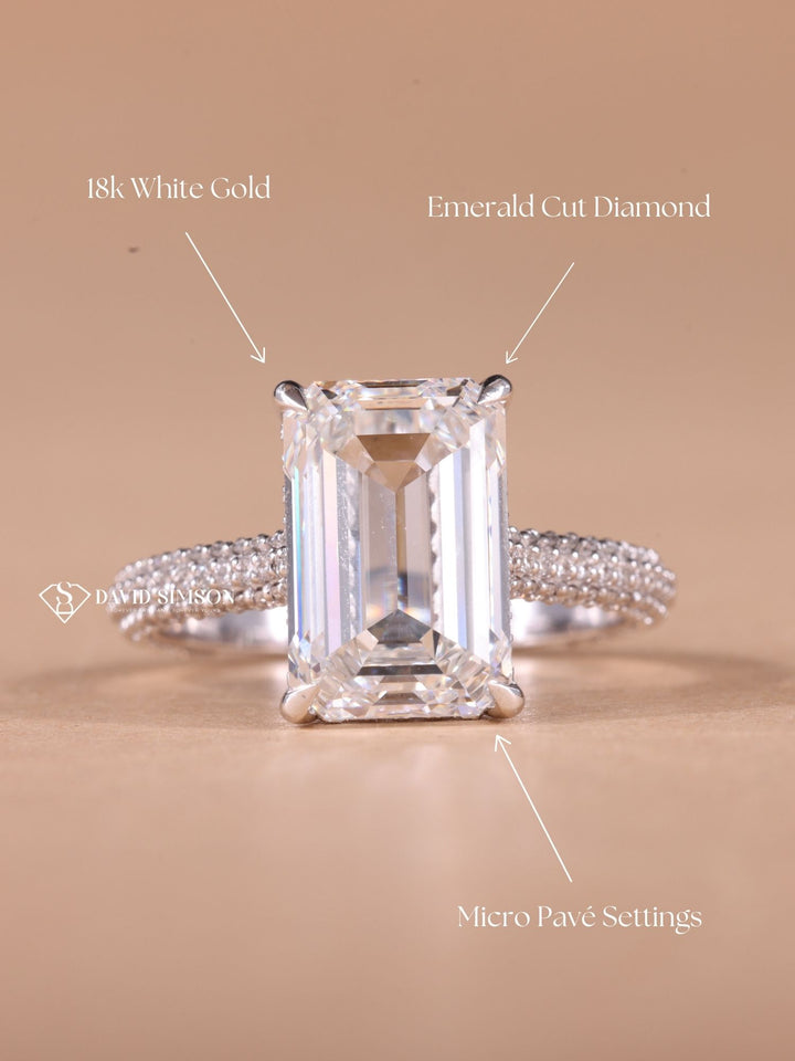 4.0CT-6.0CT Emerald Cut Moissanite Hidden Halo Diamond Pave Engagement Ring