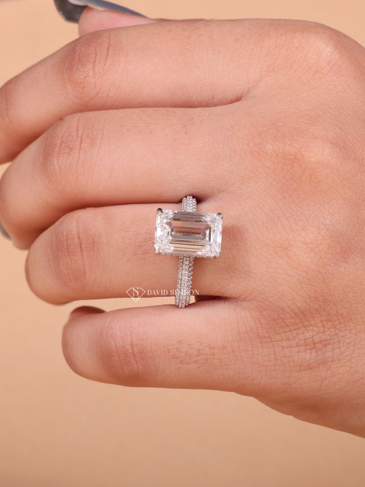 4.0CT-6.0CT Emerald Cut Moissanite Hidden Halo Diamond Pave Engagement Ring