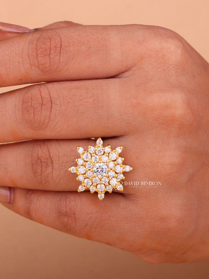 Round Cut Moissanite Diamond Starburst Engagement Ring