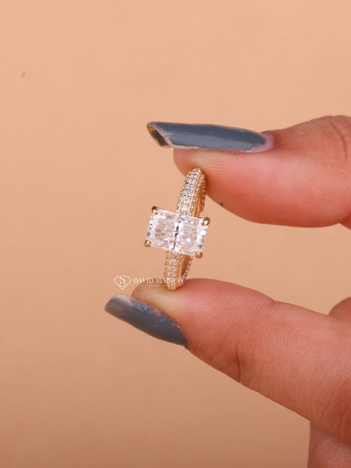 2.0CT-3.0CT Radiant Cut Moissanite Micro Pave Diamond Engagement Ring