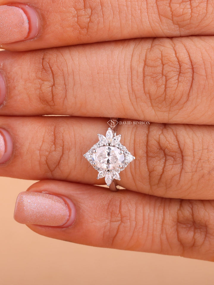 2.0CT-3.0CT Oval Cut Moissanite Diamond Cluster Engagement Ring