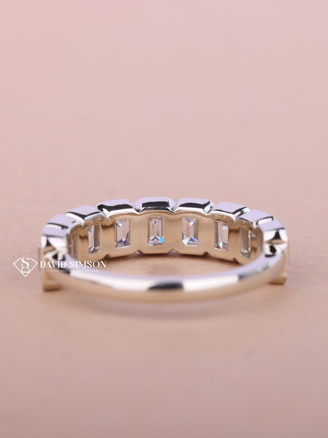 Emerald Cut Moissanite Bezel Set Diamond Wedding Band