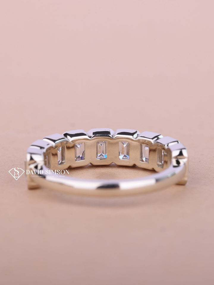 Emerald Cut Moissanite Bezel Set Diamond Wedding Band