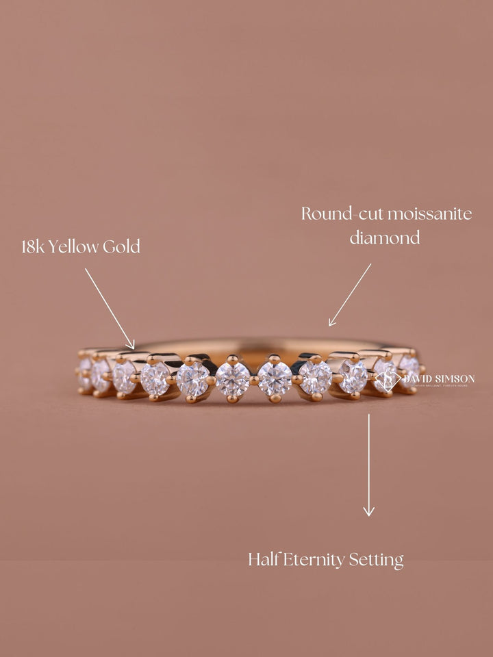 Round Cut Moissanite Diamond Half Eternity Wedding Band in 14K Gold
