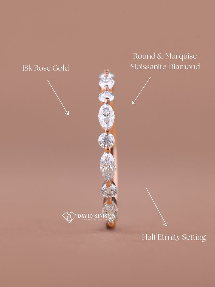 Round & Marquise Cut Moissanite Diamond Alternative Half Eternity Wedding Band