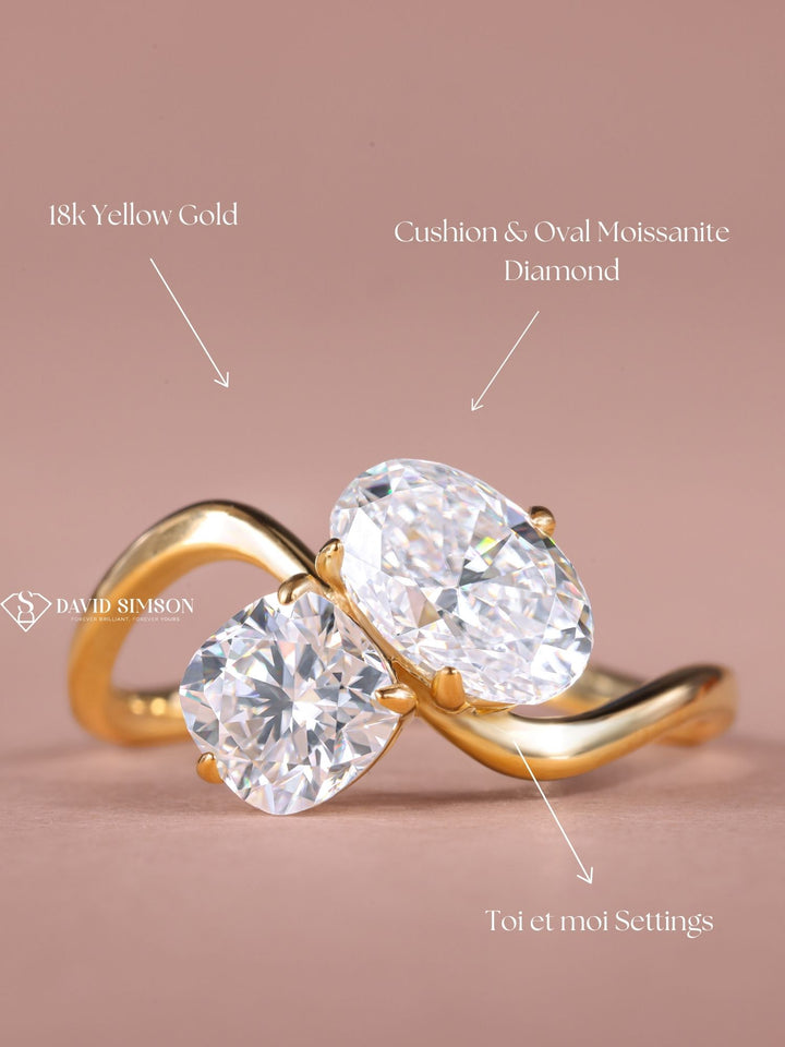 1.50CT Oval & 1.0CT Cushion Cut Moissanite Toi et Moi Diamond Engagement Ring