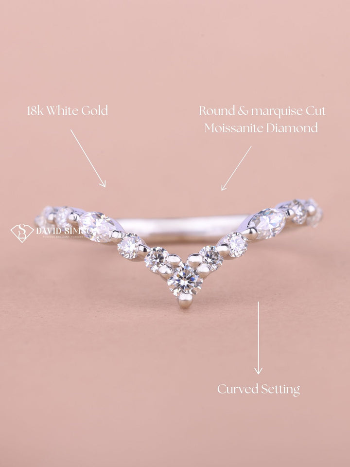 Round & Marquise Cut Moissanite Curved Diamond Wedding Band