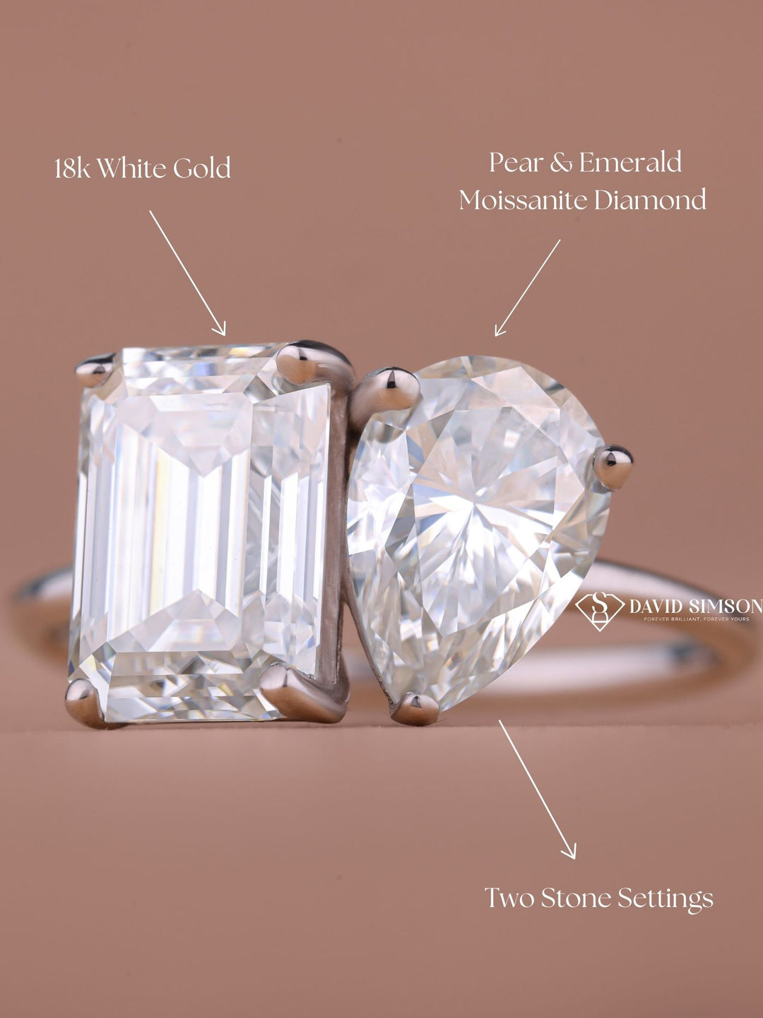1.50CT Emerald & 1.0CT Pear Cut Moissanite Two Stone Diamond Engagement Ring
