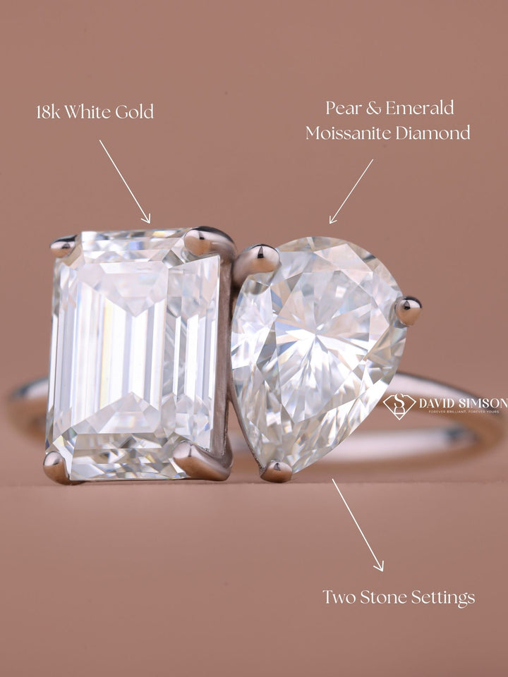 1.50CT Emerald & 1.0CT Pear Cut Moissanite Two Stone Diamond Engagement Ring