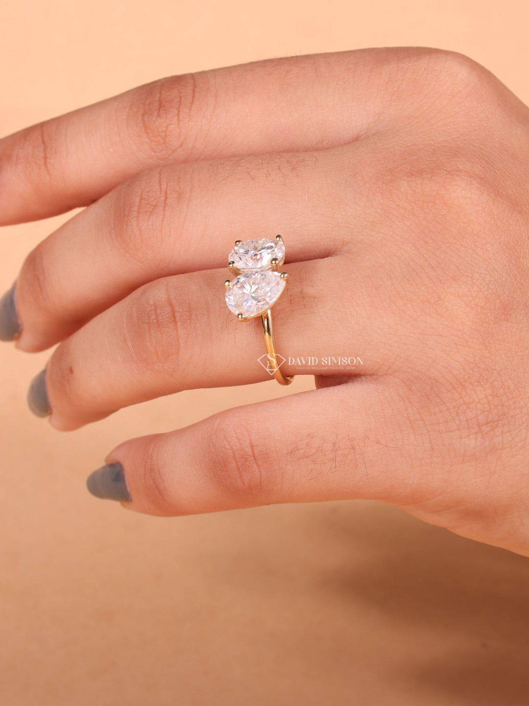 2.0CT Oval &amp; 2.0CT Pear Cut Moissanite Diamond Two Stone Engagement Ring