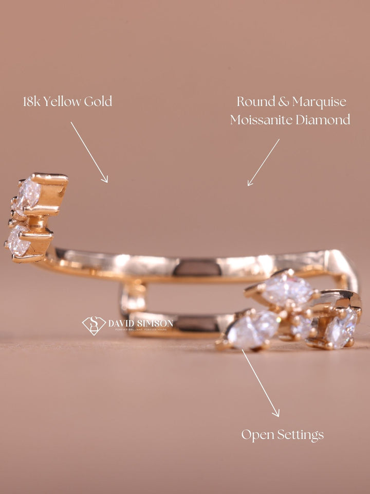 Open Round & Marquise Cut Moissanite Diamond Nature Inspired Wedding Band