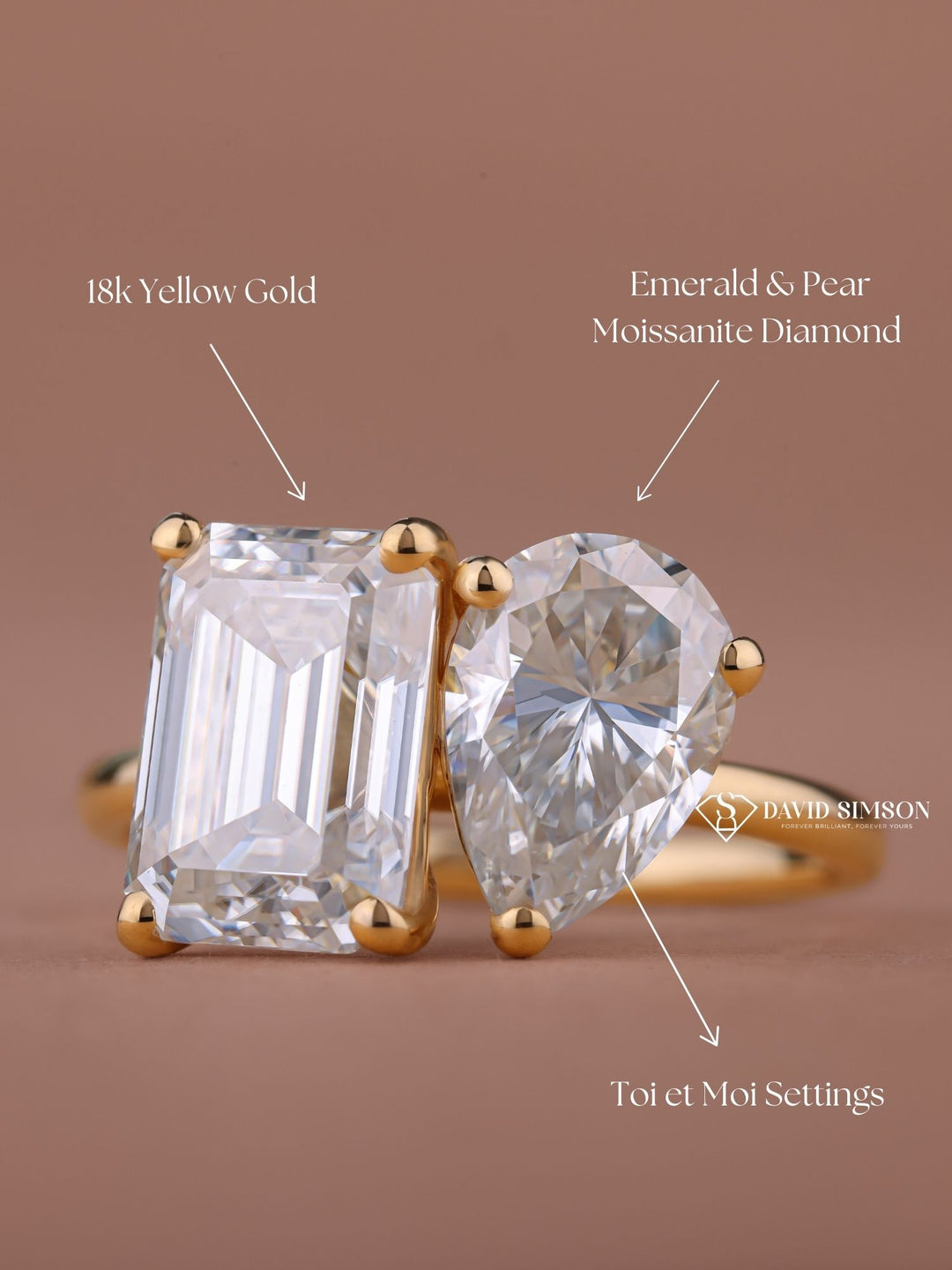2.50CT Emerald & 2.0CT Pear Cut Moissanite Toi et Moi Diamond Engagement Ring