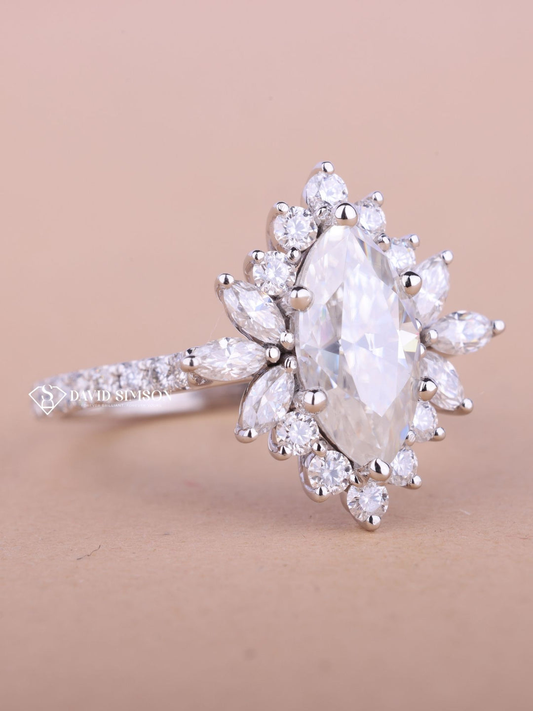 1.50CT-2.50CT Marquise Cut Moissanite Halo Cluster Diamond Engagement Ring