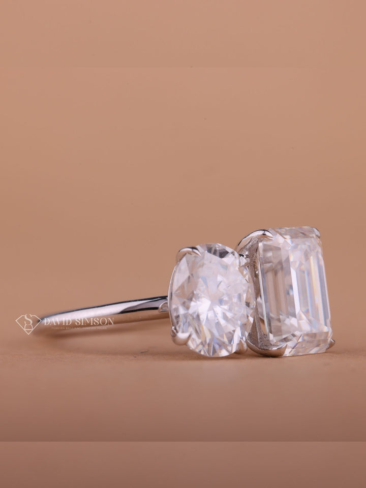 3.0CT Emerald & 2.0CT Oval Cut Moissanite Two Stone Diamond Engagement Ring
