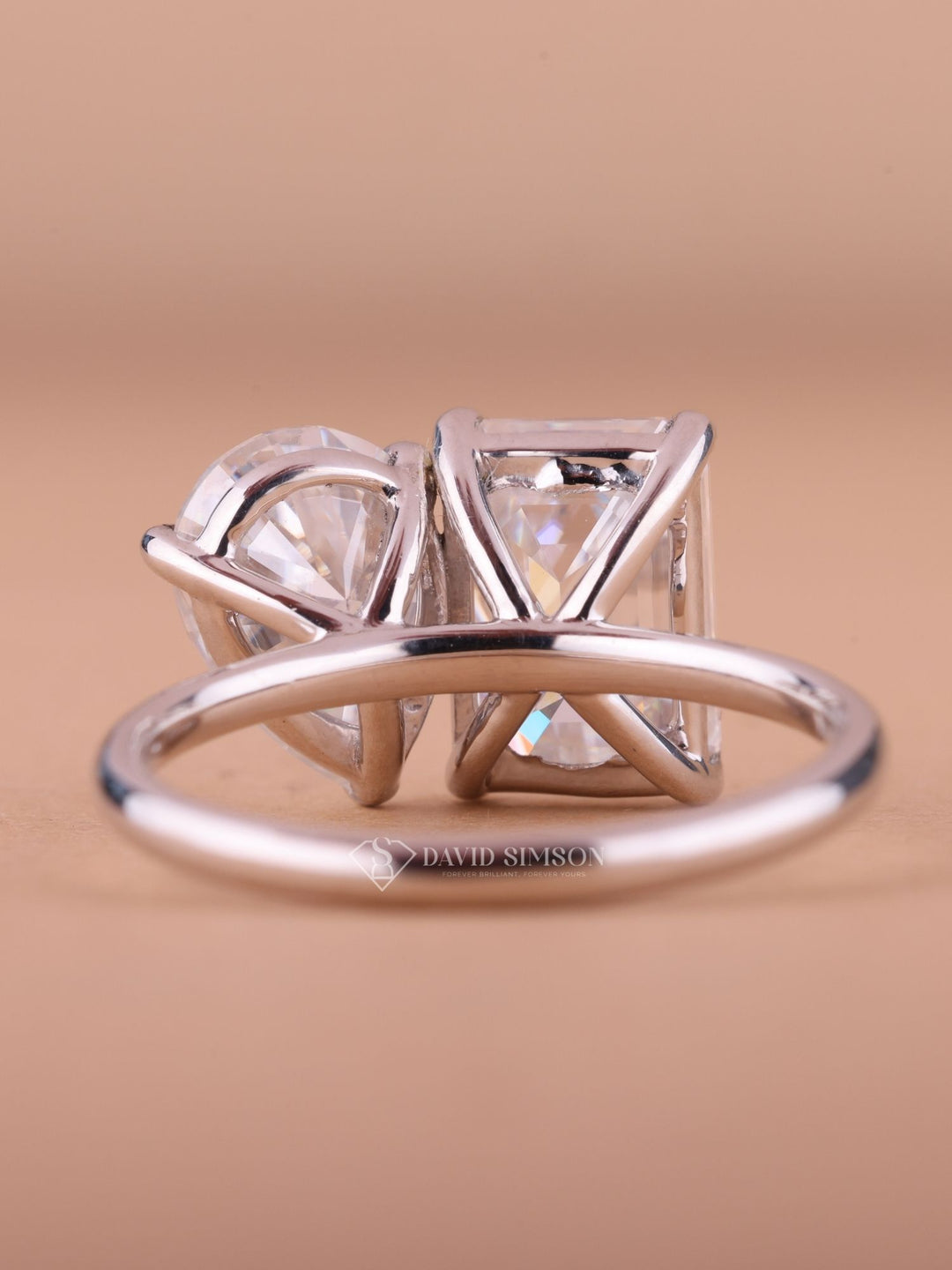 2.50CT Emerald & 2.0CT Pear Cut Moissanite Diamond Two Stone Engagement Ring