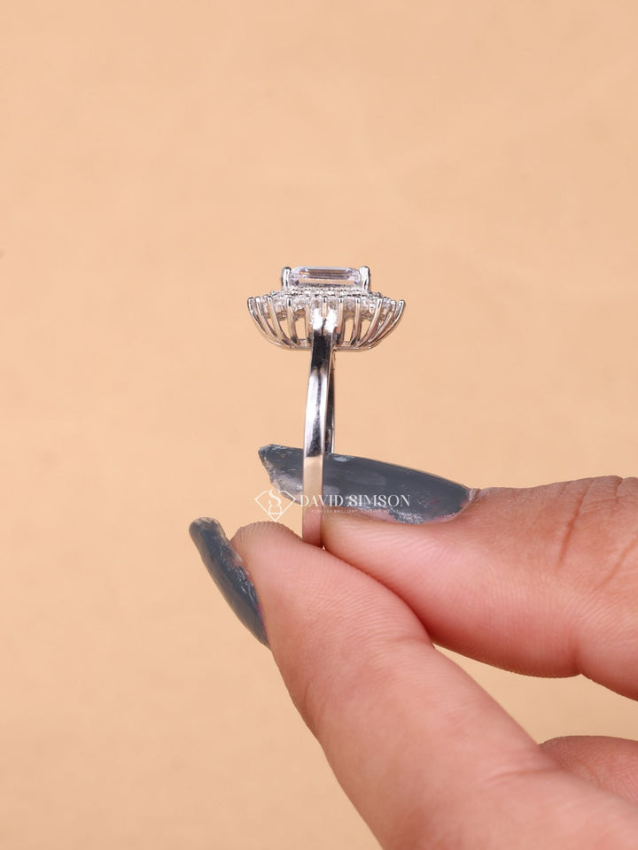 1.0CT-2.0CT Emerald Cut Moissanite Double Halo Diamond Engagement Ring