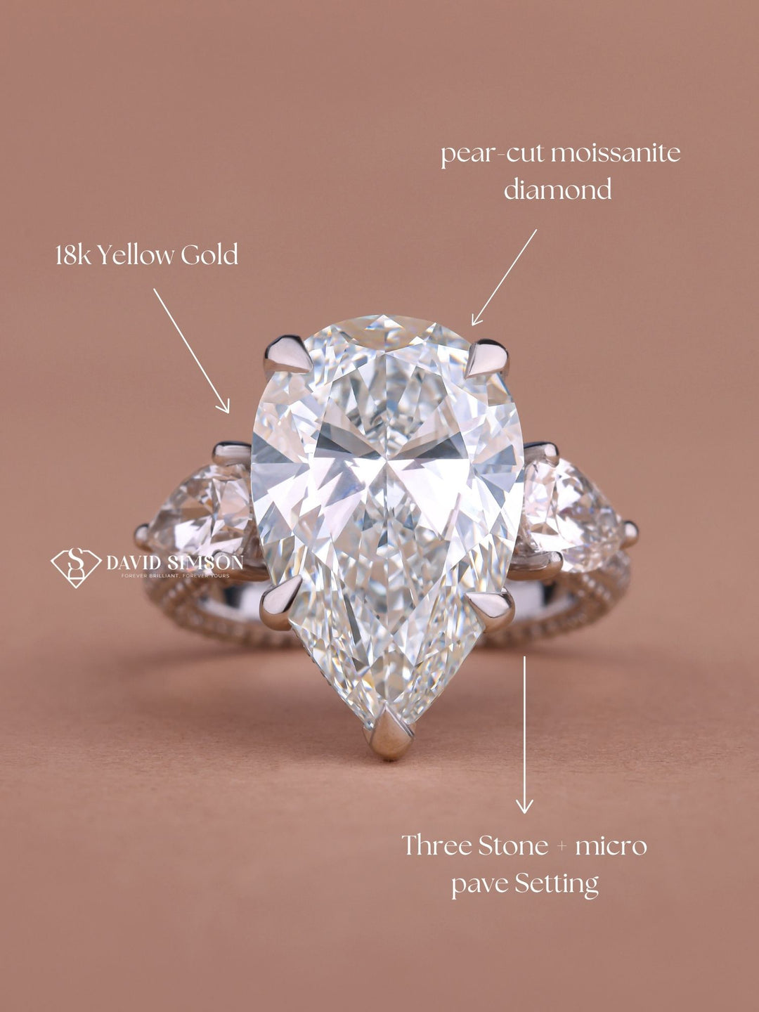 5.0CT-7.0CT Pear Cut Moissanite Hidden Halo Diamond Three Stone Engagement Ring