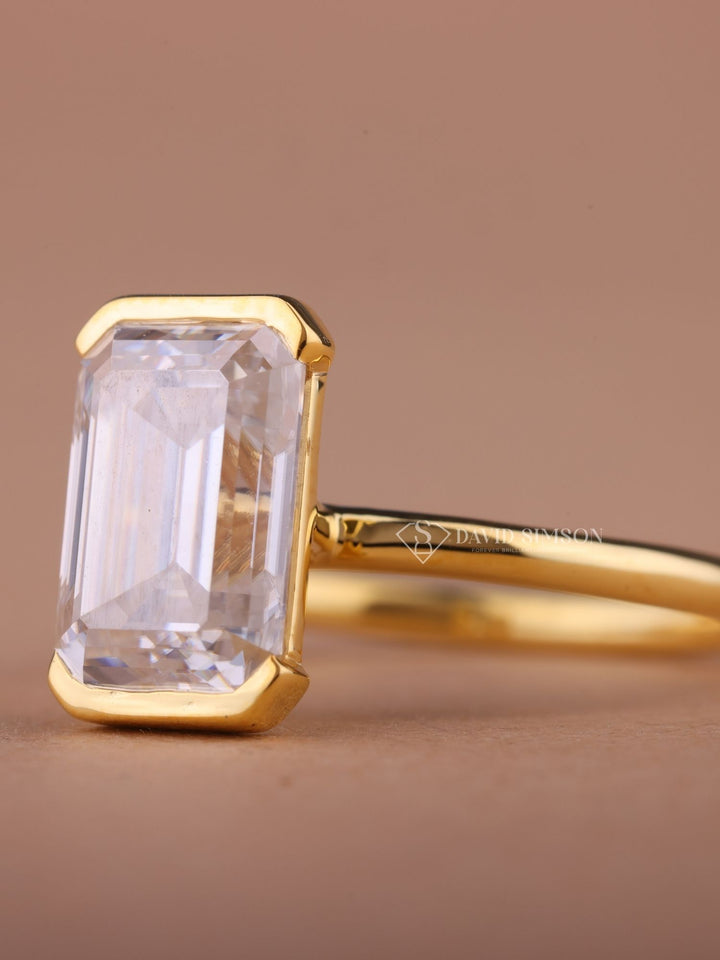 3.0CT-5.0CT Half Bezel Set Emerald Cut Moissanite Diamond Engagement Ring