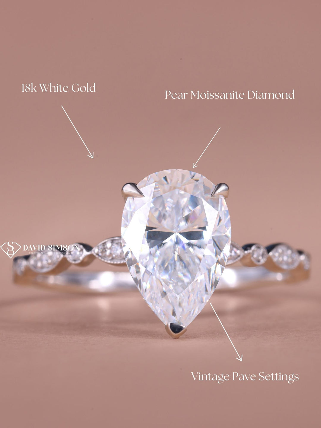 2.0CT-3.0CT Pear Cut Moissanite Vintage Pave Diamond Engagement Ring