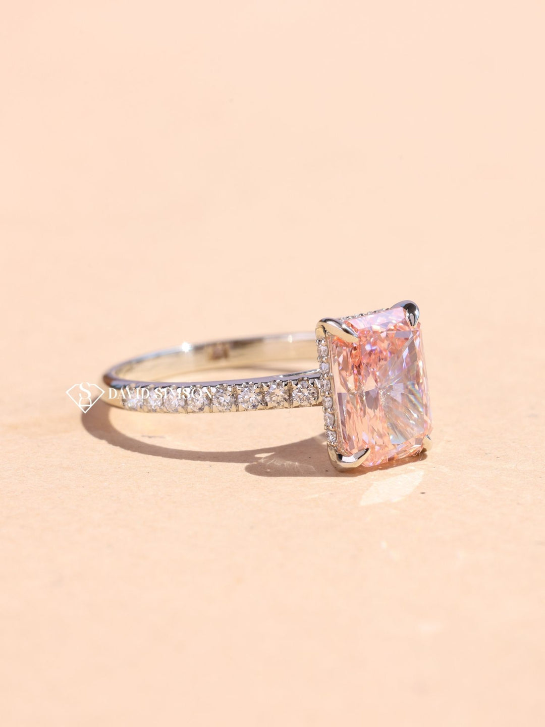 2.0CT-3.0CT Pink Radiant Cut Lab Grown Diamond Hidden Halo Engagement Ring