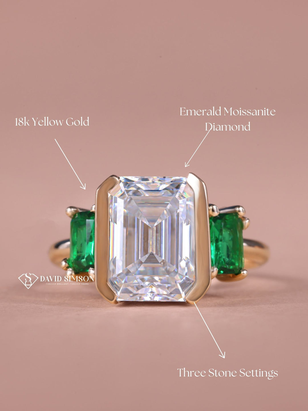 4.0CT-5.0CT Emerald Cut Moissanite Diamond Three Stone Engagement Ring