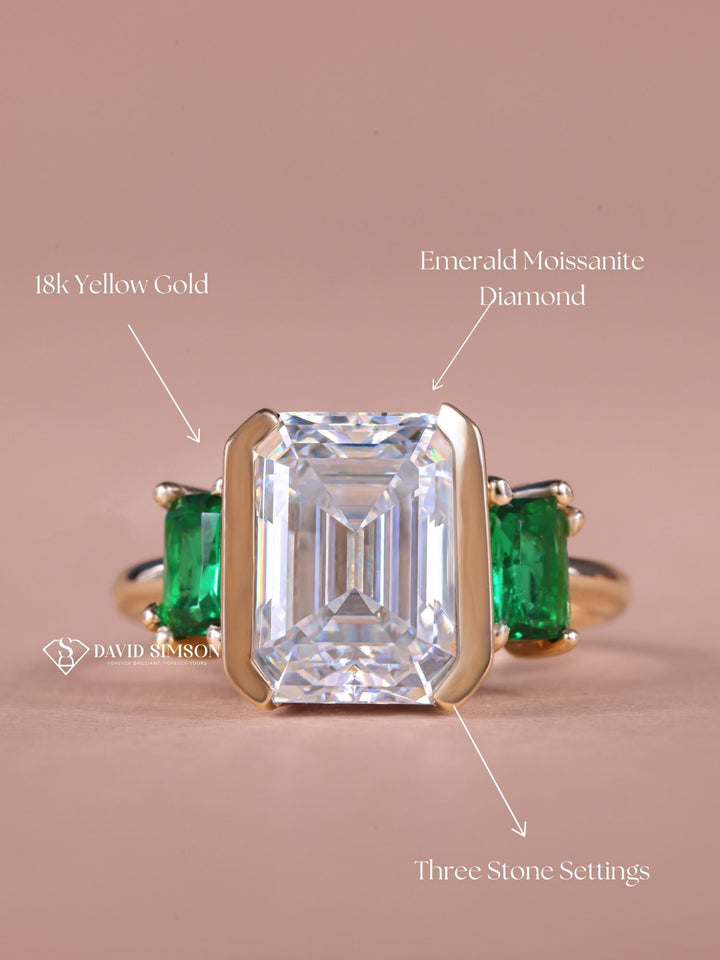 4.0CT-5.0CT Emerald Cut Moissanite Diamond Three Stone Engagement Ring