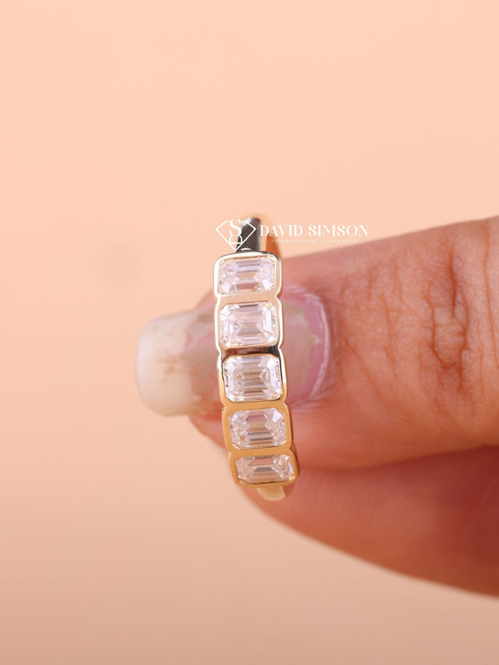 Bezel Set Emerald Cut Moissanite Diamond Five Stone Wedding Band