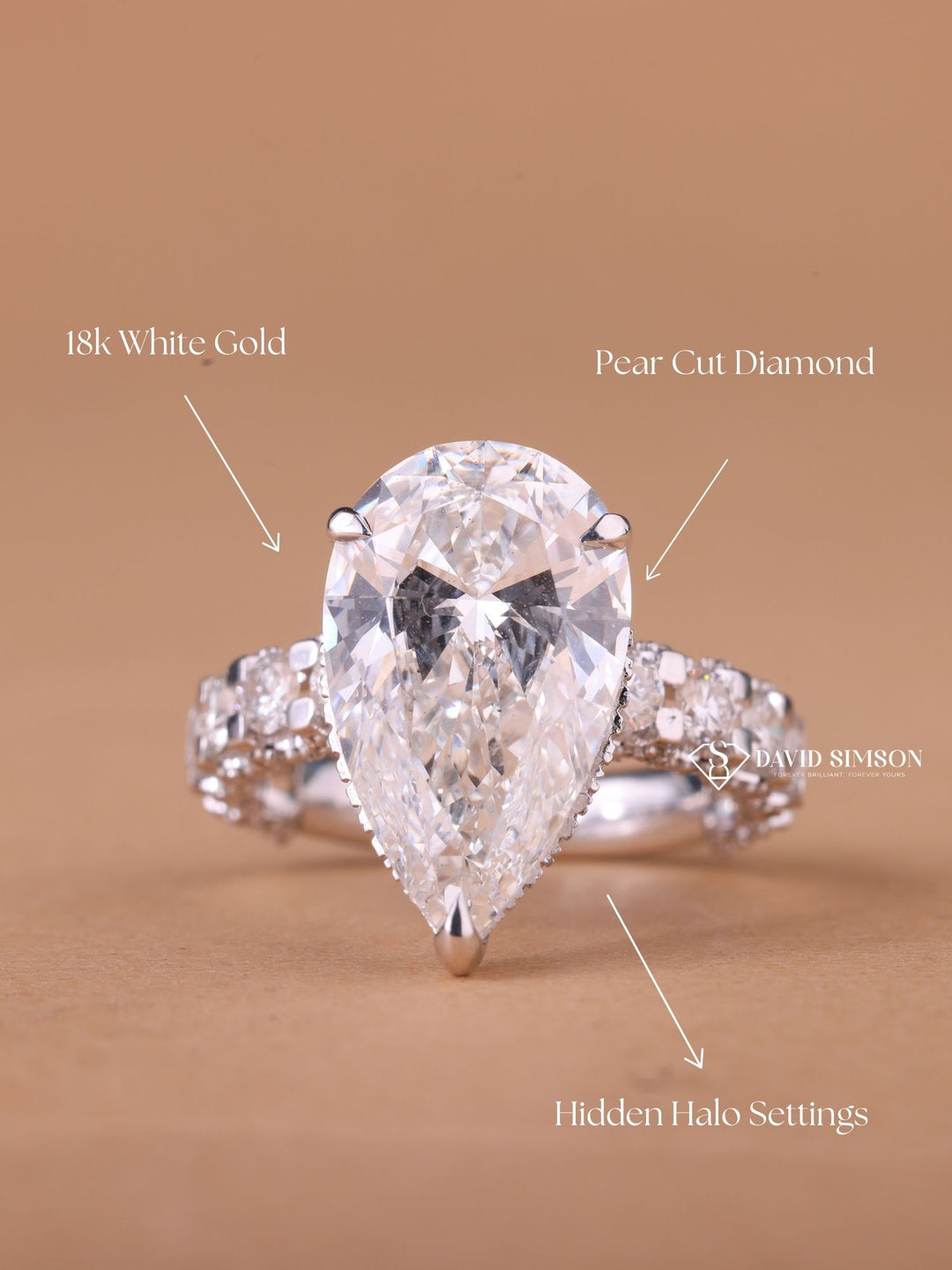 5.0CT-7.0CT Pear Cut Moissanite Diamond Hidden Halo & Unique Pave Engagement Ring