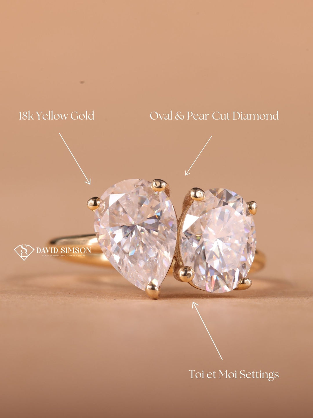 2.0CT Oval &amp; 2.0CT Pear Cut Moissanite Diamond Two Stone Engagement Ring