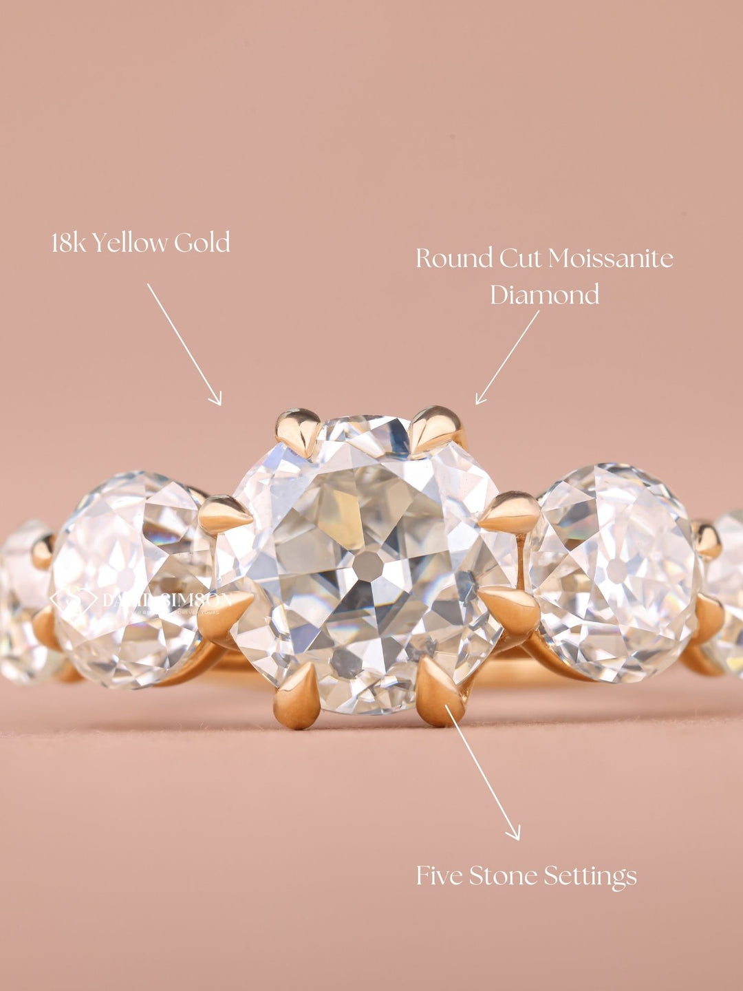 1.0CT-2.0CT Round Old Mine Cut Moissanite Diamond Five Stone Engagement Ring